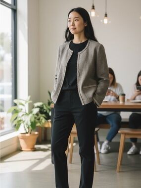 Cassis Gray Frayed-Trim Open-Front Blazer